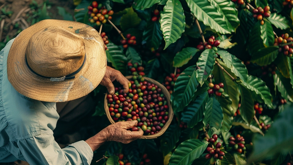 A person picking coffee beans